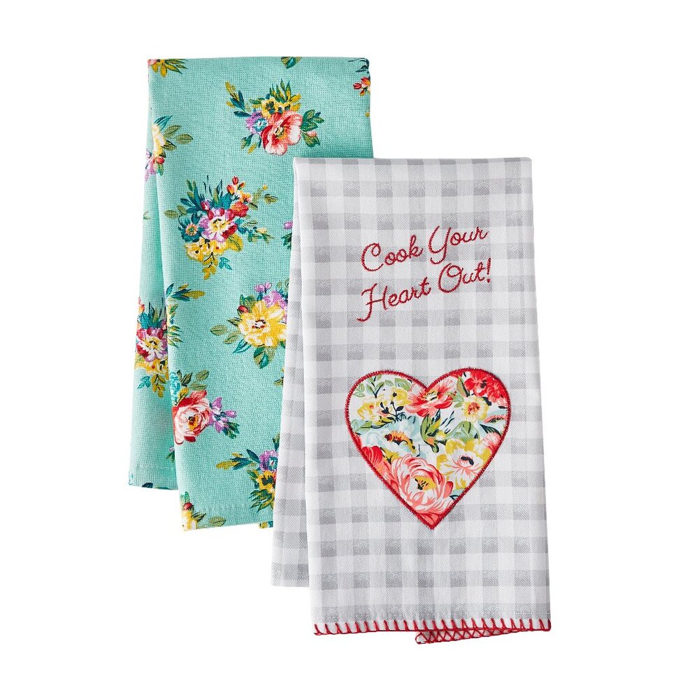 Pioneer Woman Kitchen Towels Cook Your Heart Out Floral Gingham 2Pc 16"x28" New